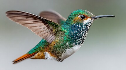   Hummingbirds are renowned for their incredible speed and agility One such creature is captured in this image, as it gracefully flies through the sky Its wings are outstretched