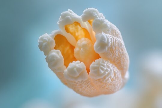 A stunning macro photograph captures the intricate, cup-like structure of a slime mold's fruiting body against a soft blue background.