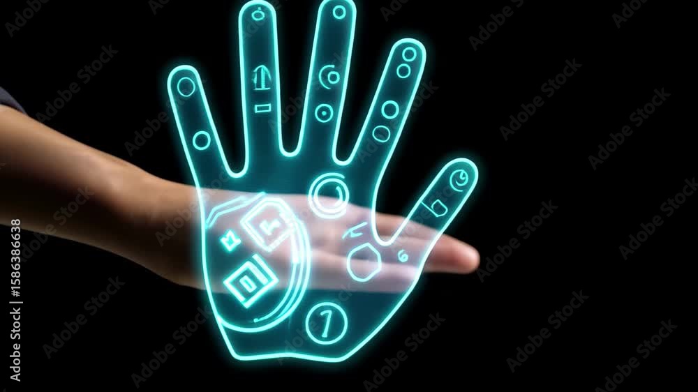 Poster exploring futuristic technology with interactive holograms displayed on a human hand in a dark envir