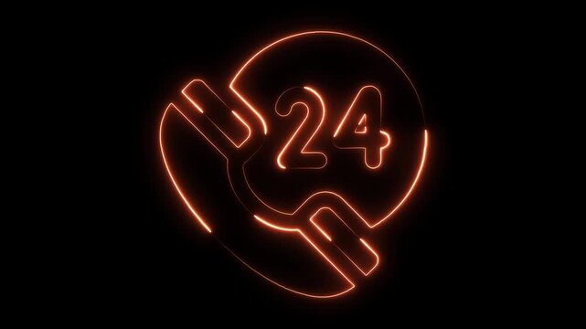 Glowing orange neon 24 hour service symbol with phone icon and wrench integrated on black background representing - Powered by Adobe