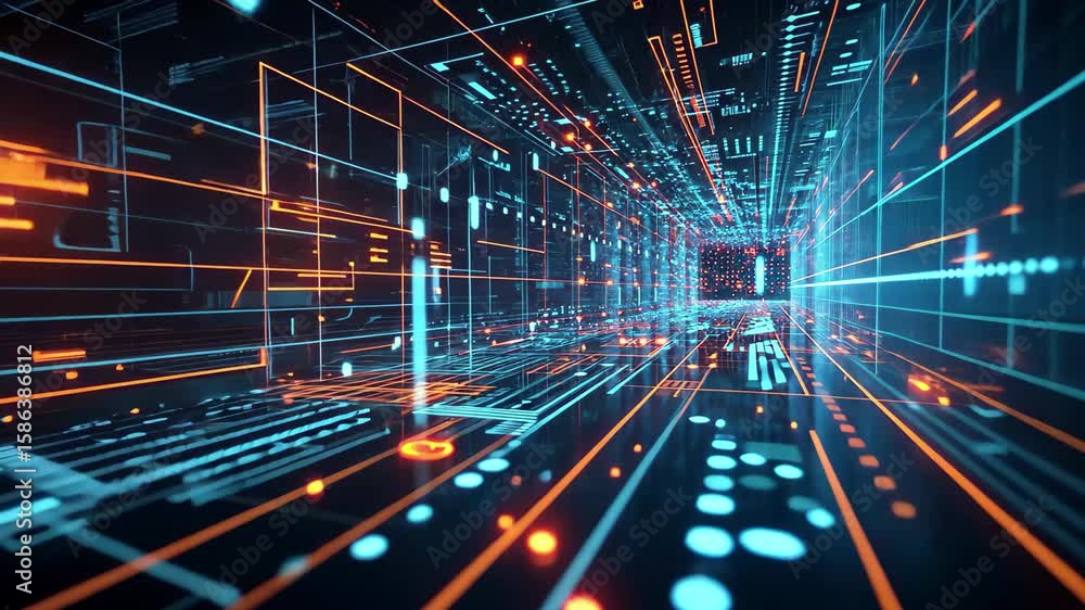 Poster explore vibrant digital tunnel with glowing lines and futuristic patterns in a captivating high-tech