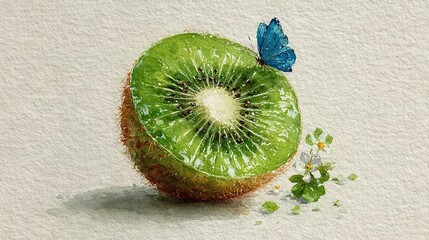   A Kiwi with a Butterfly on Top and Flower Below