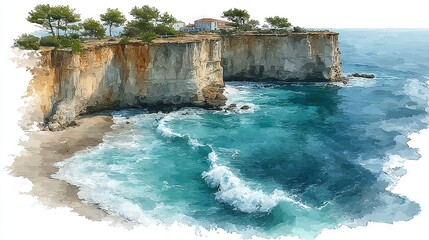   Watercolor depiction of a cliff with house on top and water in front