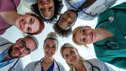 Team of healthcare professionals smiling in a medical setting fostering collaboration and unity among diverse medical staff during a teamwork-focused moment - Powered by Adobe