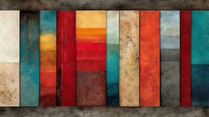   A painting with a multicolored stripe in a brown frame features oranges, blues, yellows, reds, greens, and browns