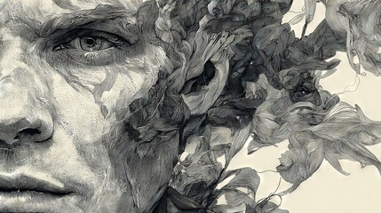   Black-and-white portrait of a man wearing flowers in his hair and leaves on his face