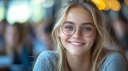 Close-up portrait of a smiling young woman with blonde hair and blue eyes, wearing round glasses.  She's dressed casually