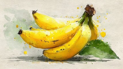   A watercolor depiction of several bananas adorned with a lush green leaf at the base rests upon a white backdrop