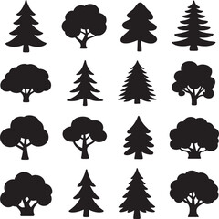 Silhouette Tree Set Vector – Minimalist Black Tree Illustrations in Grid Layout