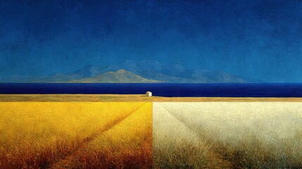   A vibrant yellow field dominates the canvas, framed by a mesmerizing blue sky above and a majestic mountain range fades into the horizon