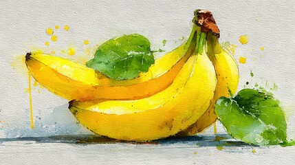   Watercolor illustration featuring a collection of bananas and a green foliage adorning one of them