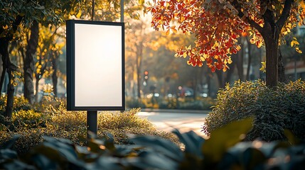 Blank billboard in autumnal park setting. Sunlight filters through foliage.  Road visible in background