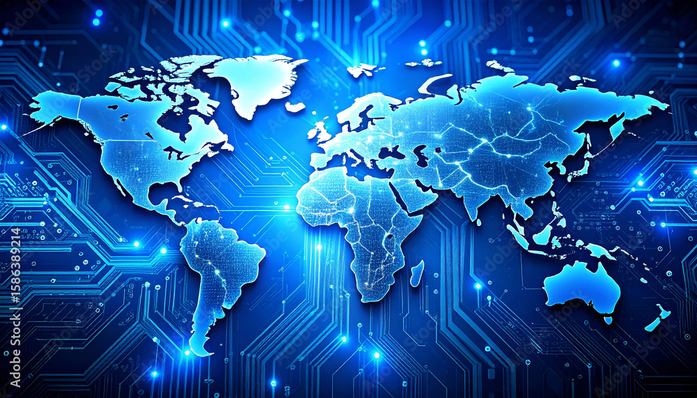 Poster digital world map: a stylized digital representation of the world map, featuring intricate circuitry