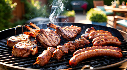 Barbecue grill with mixed meat in garden setting
