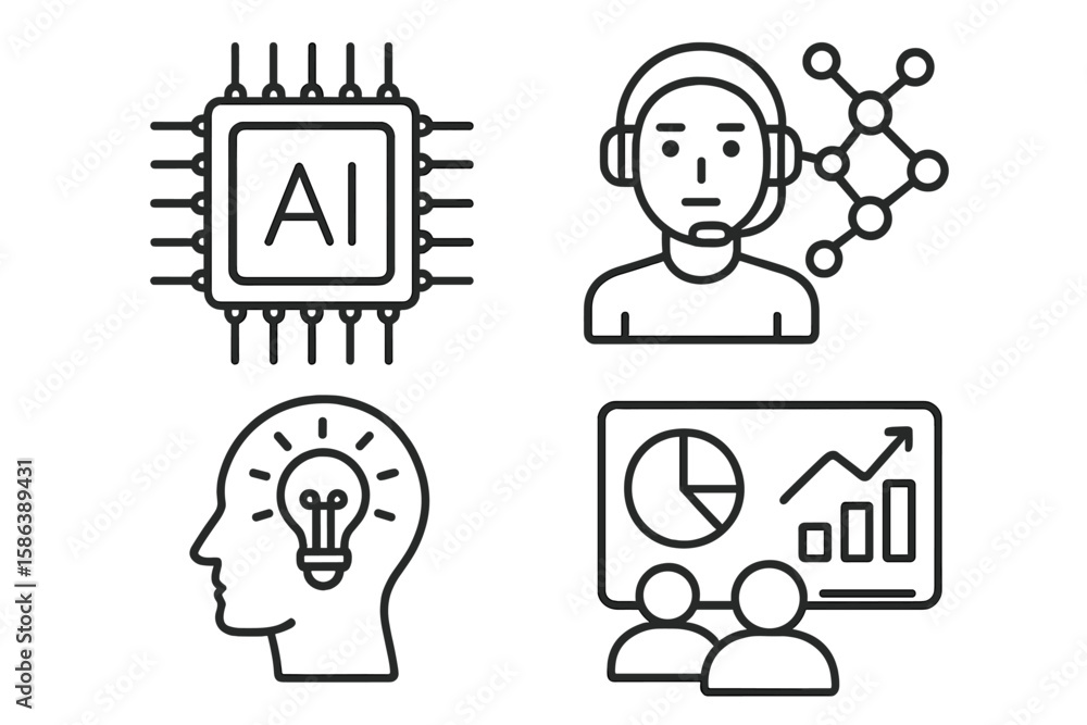 Poster artificial intelligence in business line icon set. vector pictograms for machine learning, neural ne