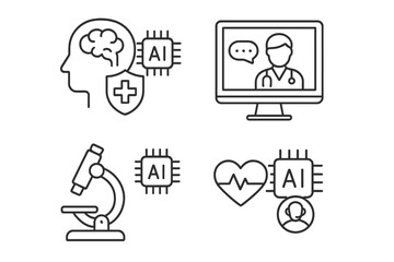 AI in medicine line icon set. Healthcare technology pictograms for diagnostics, telemedicine, patient monitoring, and clinical support. Vector symbols of AI chip and brain.