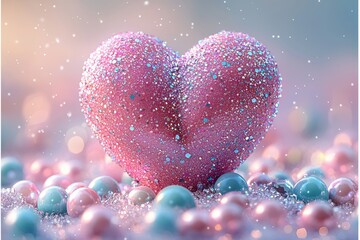 Obraz premium Pink sparkling heart and colorful pearls in a dreamy pastel setting
