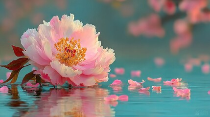   Pink blossom resting atop water, surrounded by pink blooms along water's edge