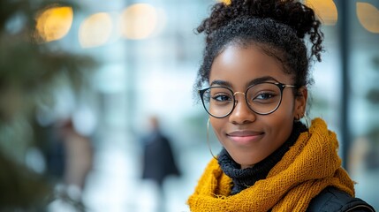 Close-up portrait of a smiling young woman with glasses and a yellow scarf.  She's in a blurred indoor setting