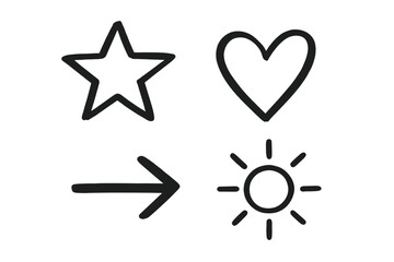 Obraz premium Doodle icon vector set of hand-drawn sketch elements. Cute simple line art illustrations featuring a star, heart, love symbol, arrow, and sun. Isolated graphic design assets.