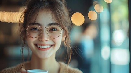 Close-up portrait of a smiling young woman with glasses, holding a cup in a cafe setting