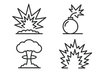 Explosion line icon set. Detonation, blast, and impact symbols. Vector pictograms of explosive forces, bomb, dynamite, mushroom cloud, and shockwave. Thin linear design.