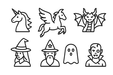 Fantasy creature line icon set with unicorn, pegasus, dragon, witch, wizard, ghost, vampire, and zombie. Vector thin linear pictograms of mythical beings and monsters.