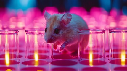 A small rodent stands amidst glowing pink laboratory beakers