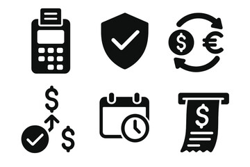 Finance and payment solid glyph icons set. Vector collection of pictograms includes POS terminal, secure transaction, currency exchange, split payment, schedule, and invoice.