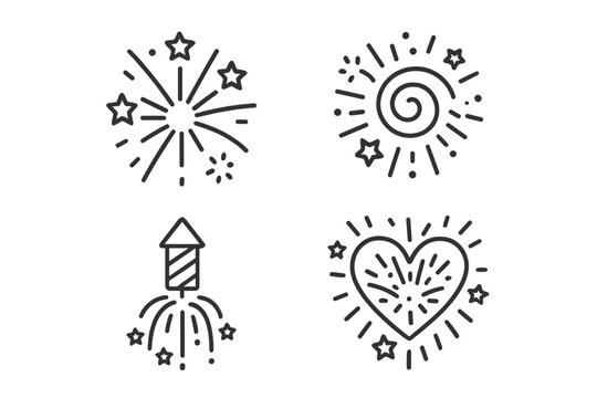 Firework celebration vector line icon set. Simple pictograms of pyrotechnic bursts, star, spiral, rocket, and heart-shaped explosion for a party or New Year's Eve.