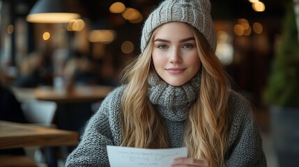 A young woman in a cozy sweater and beanie smiles warmly while holding a piece of paper in a cafe setting