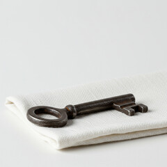 Antique metal key resting on a white cloth surface  