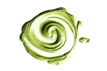 a green liquid swirls in a white background