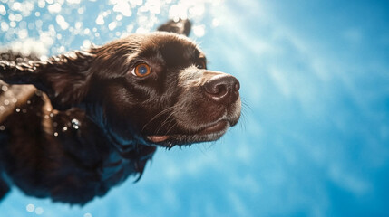 Vibrant dog leaping into a sunlit pool, suspended mid-air as water droplets
