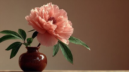   A close-up of a vase with a brown wall in the background and a pink flower in the middle