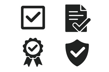 Checkmark approval icon set. Validation, certification, confirmation concept. Pictogram collection for checklist, document, award, security. Quality control, verification.
