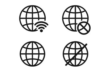 Internet connection status icon set. Globe earth pictograms showing online, offline, no signal, and connected network states. Vector symbols for website, app, and UI design.