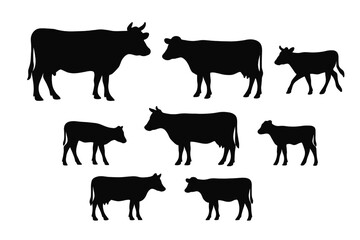 Cow silhouette vector set. Farm animal collection. Cattle in various poses. Agriculture, dairy, and beef industry icons. Black livestock shapes isolated on white background.
