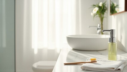 Sunlit Minimalist Bathroom Counter with Skincare Bottles and Clean Towels – Modern Lifestyle Interior


