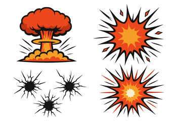 Explosion comic vector set. Nuclear blast mushroom cloud, bullet hole cracks, and dynamic impact bursts. Powerful red and black pop art starburst illustrations.