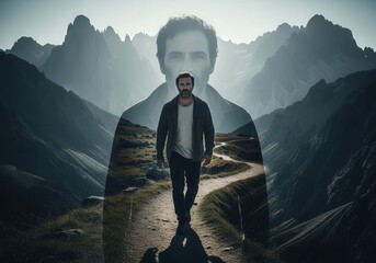 Journey of self-discovery through mountains in double exposure concept