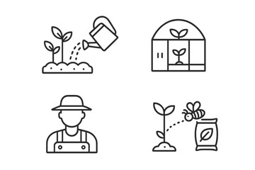 Gardening and agriculture thin line icon set. Vector pictograms of grow your own food concept. Watering can, greenhouse, seedling, sprout, farmer, pollination, fertilizer.