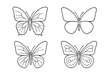 Butterfly Outline Vector Set – Hand Drawn Butterfly Line Art Collection, Minimalist Insect Silhouette, Decorative Butterfly Clipart, Black and White Butterfly Isolated on Transparent Background