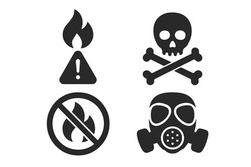Gas safety glyph icon set. Vector pictograms of flammable fire hazard, toxic poison skull, explosive warning, danger sign, protective mask, and no flame zone label.