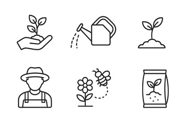 Gardening and agriculture line icon set. Vector pictograms of grow your own food concept, watering can, seedling in hand, sprout in soil, farmer, bee pollination, fertilizer.