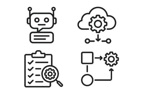 Business automation line icon set. Vector pictograms of chatbot, cloud computing, process optimization, and workflow. Digital intelligence, checklist analysis for web and apps.