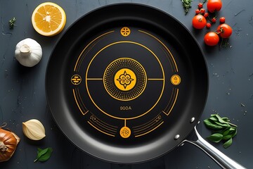 Obraz premium A black frying pan with food ingredients around it