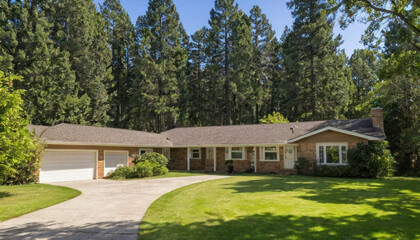 Suburban home nestled within a lush forest setting, with a paved driveway.