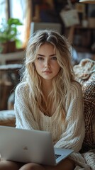 Blonde woman sits on couch, using a laptop.  She gazes directly at the camera. Cozy, indoor setting