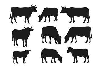 Cow silhouettes vector set. Collection of farm animal icons. Black cattle livestock symbols for agriculture, dairy, and beef production. Grazing and standing poses.